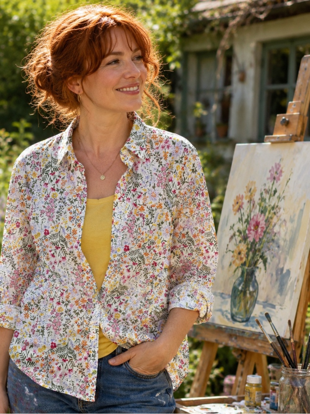 Botanical Floral Cotton Button-Up Blouse Yellow Pink Green Gardening / Art Top 🥦
